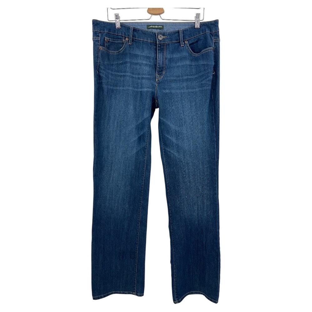 Eddie Bauer Straight Leg Jeans Womens 14 / 32 Long Dark Wash Blue Stretch SU5098